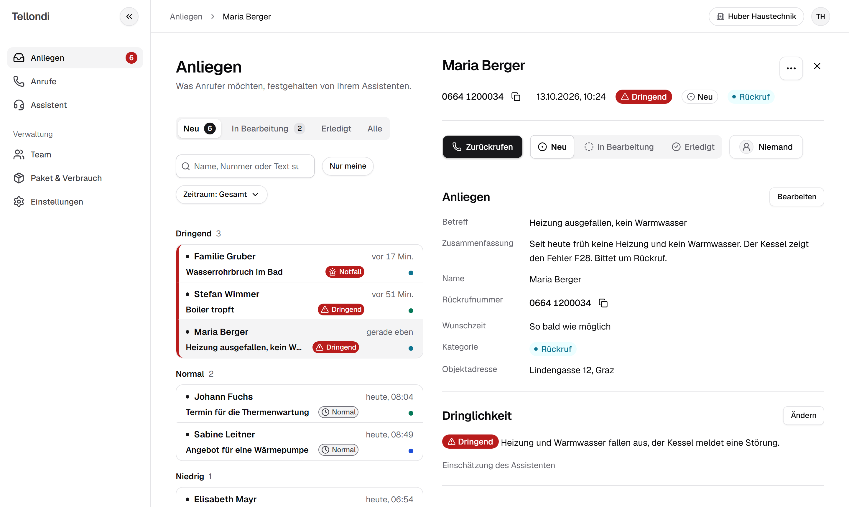 Inbox der App: Anliegen nach Dringlichkeit sortiert, rechts das geöffnete Anliegen „Heizung ausgefallen, kein Warmwasser“ mit Zurückrufen (Beispiel)