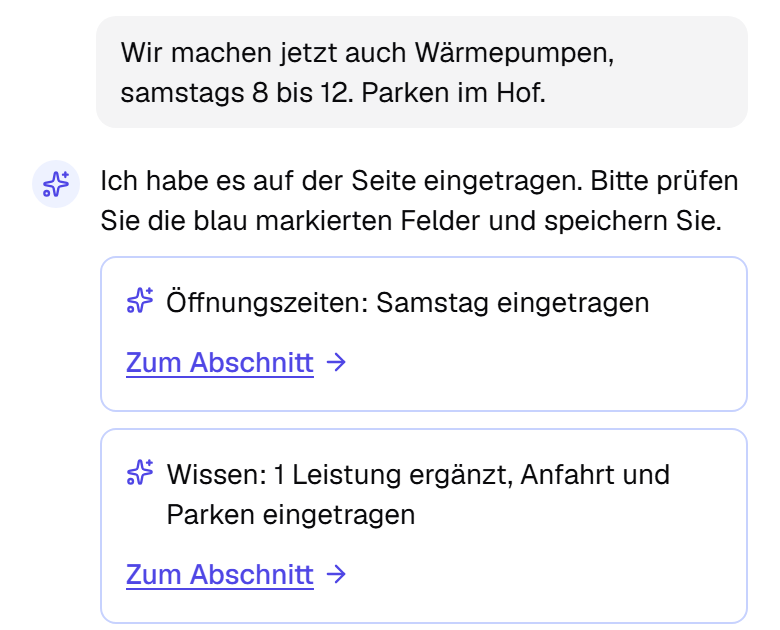 KI-Hilfe in der App: Öffnungszeiten und Wissen aus einem Satz eingetragen (Beispiel)