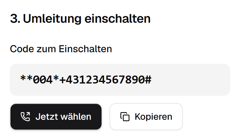 Code zum Einschalten in der App, mit den Knöpfen Jetzt wählen und Kopieren (Beispiel)
